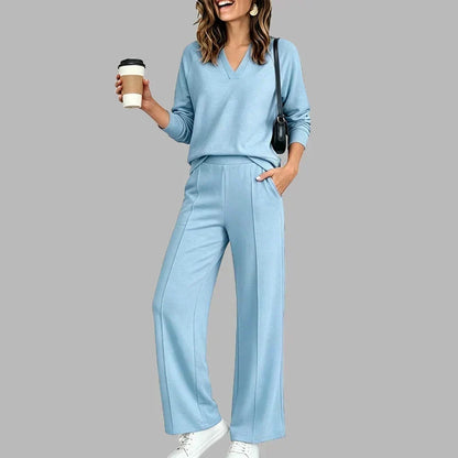 Women's V-Neck Two Piece Set | Relaxed Wide Leg Pants Outfit