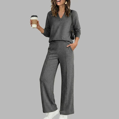 Women's V-Neck Two Piece Set | Relaxed Wide Leg Pants Outfit