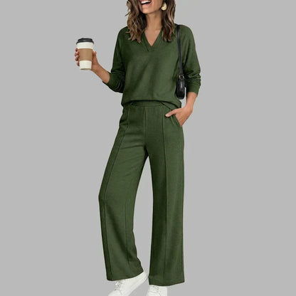 Women's V-Neck Two Piece Set | Relaxed Wide Leg Pants Outfit