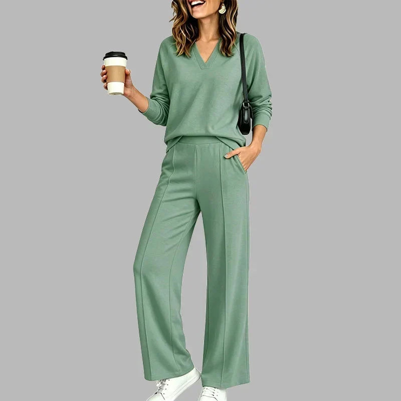 Women's V-Neck Two Piece Set | Relaxed Wide Leg Pants Outfit
