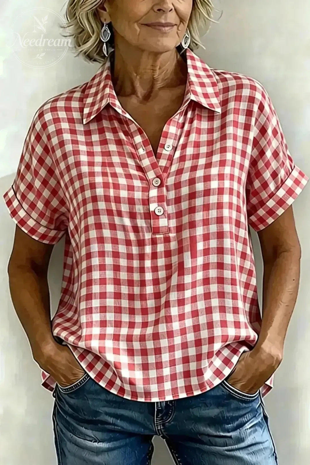 Women's Classic Plaid Cotton-Linen V-Neck Button-Front Shirt