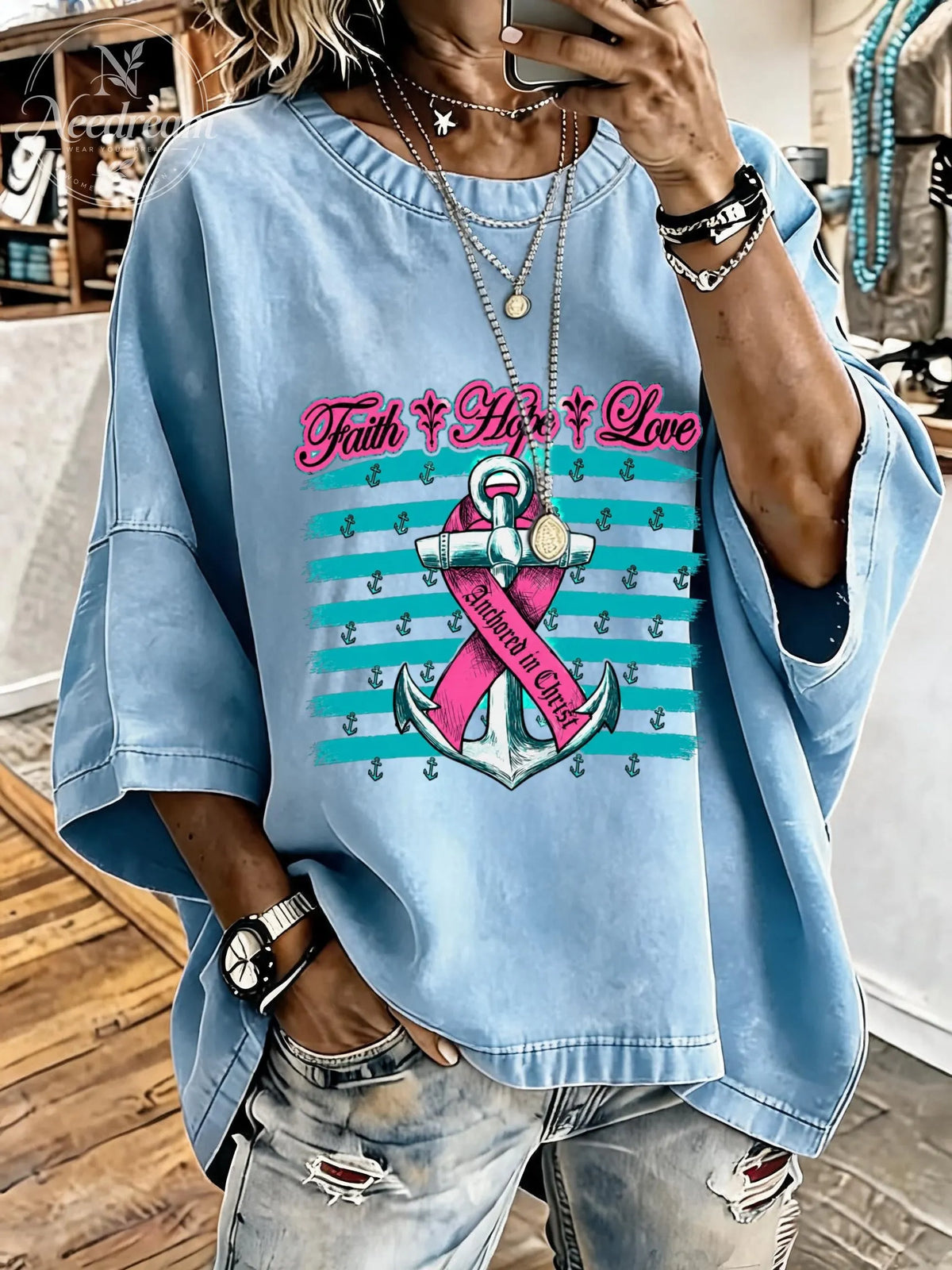 Women's Breast Cancer Awareness Hope Distressed Washed Oversized T-Shirt