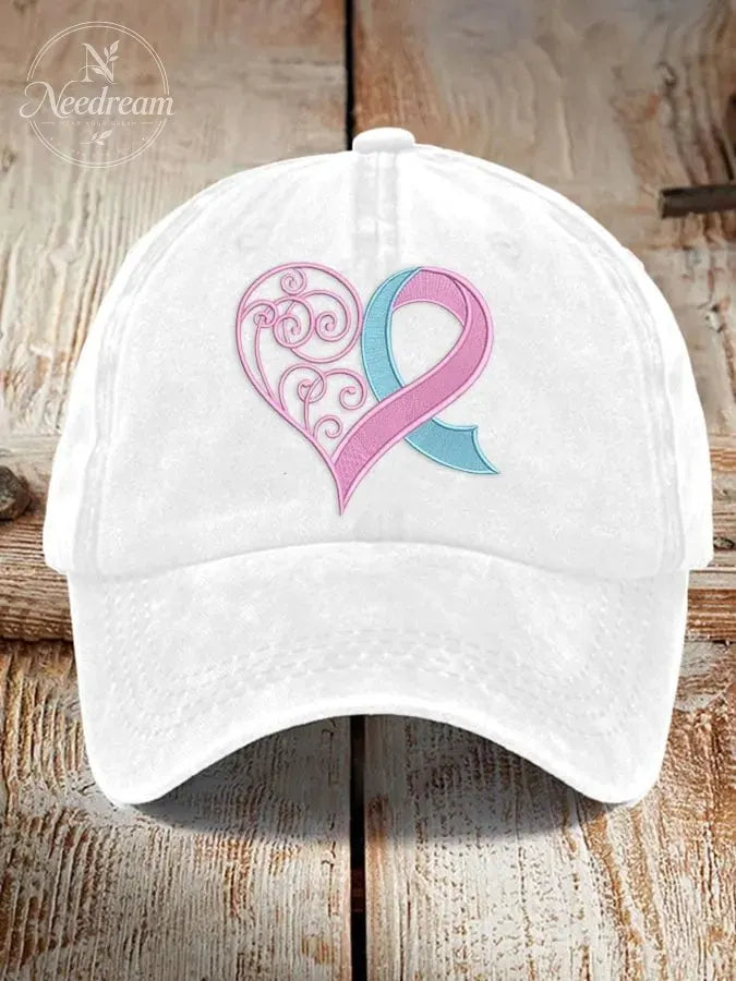 Unisex Distressed Washed Cotton Breast Cancer Ribbon Heart Printed Hat