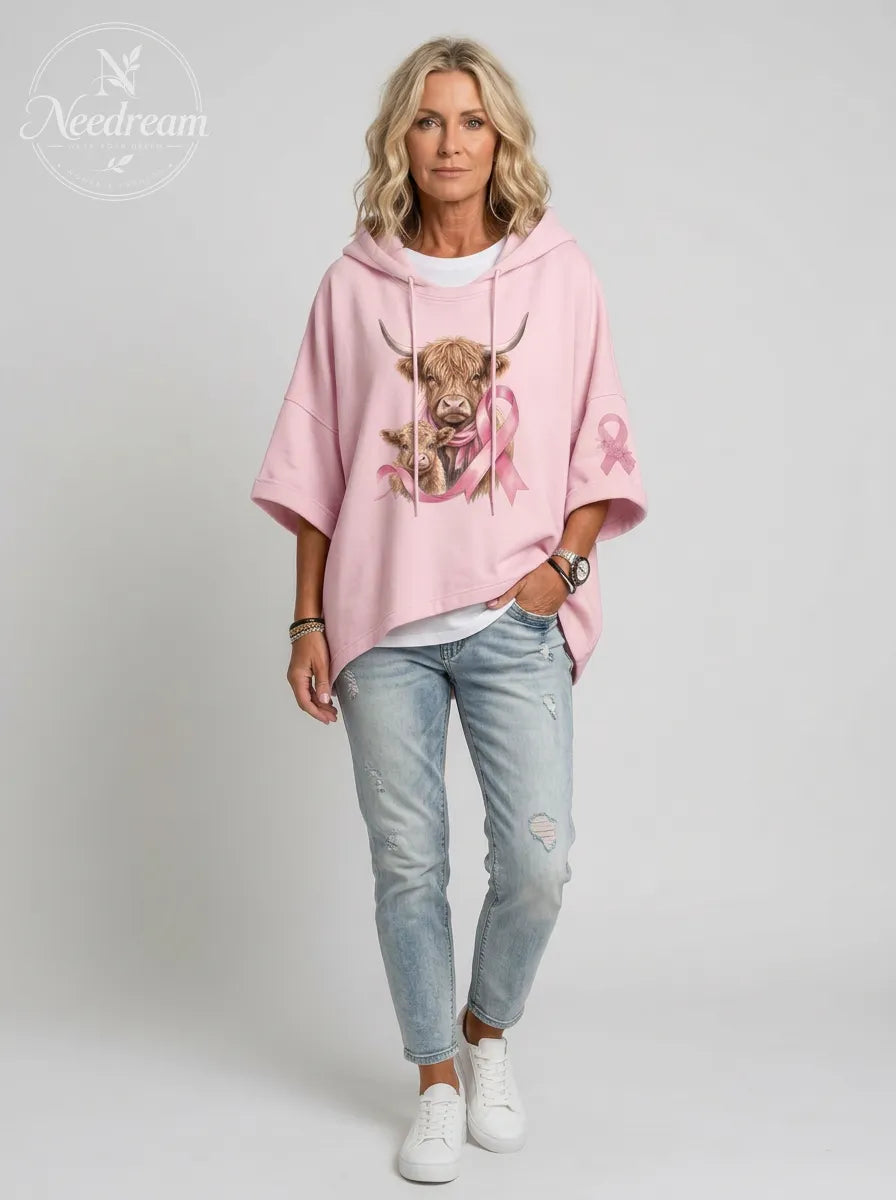 Women's Breast Cancer Awareness Highland Cow Printed Hoodie