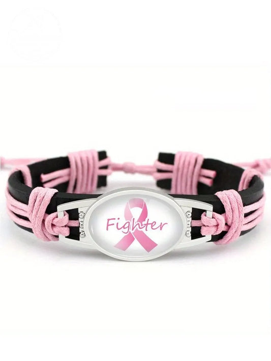 Pink Ribbon Breast Cancer Hand Woven Cow Leather Bracelet
