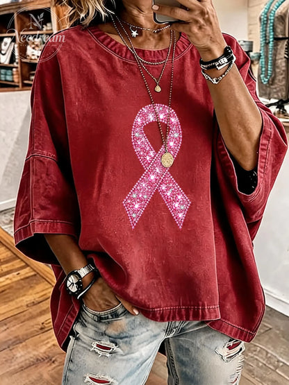 Women's Breast Cancer Awareness Pink Ribbon Distressed Washed Oversized T-Shirt
