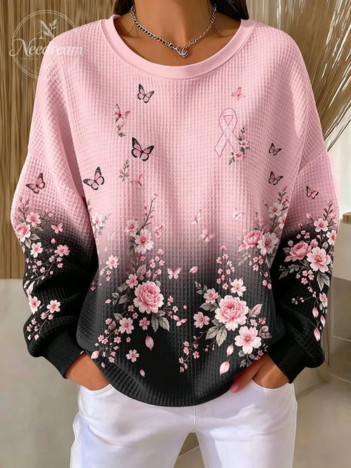 Women'S Pink Plant Flower Art Waffle Sweatshirt