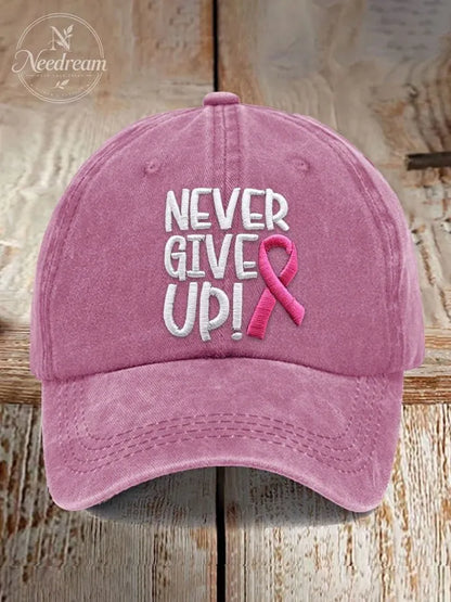 Never Give Up Pink Ribbon Breast Cancer Awareness Print Baseball Cap