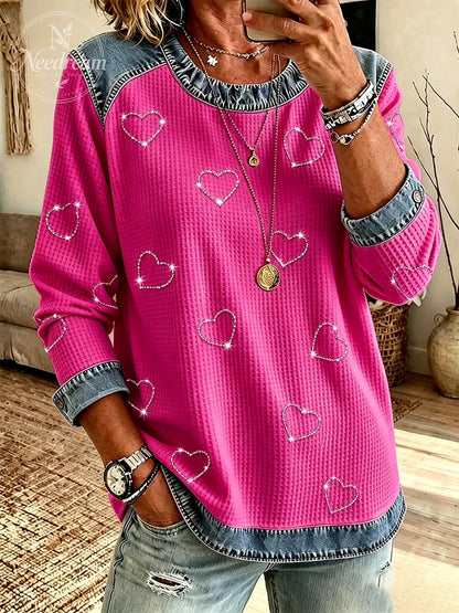 Women's Casual Heart-Shaped Rhinestone Sweatshirt