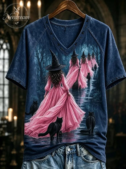 Women's Pink Witch-Themed Print Casual T-Shirt