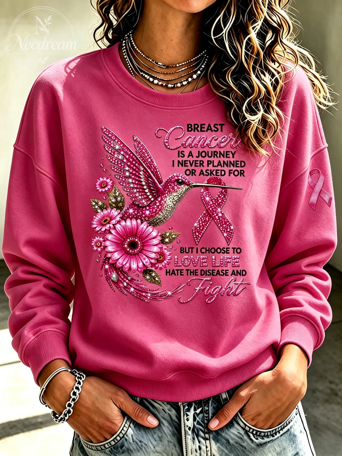 Women's Breast Cancer Kingfisher Hot Diamond Printed Casual Sweatshirt