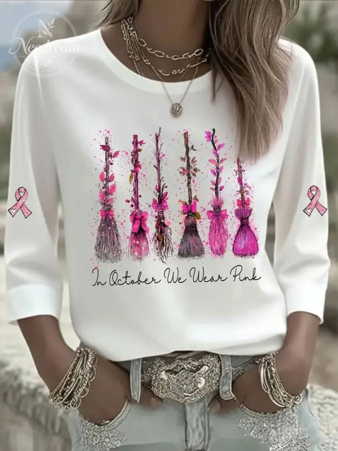 Women's Casual Breast Cancer Print Three-Quarter Sleeve T-Shirt
