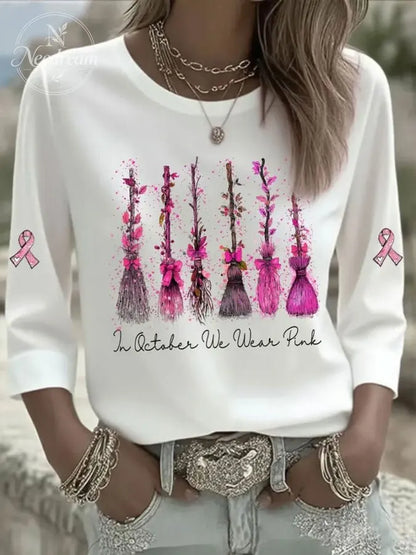 Women's Casual Breast Cancer Print Three-Quarter Sleeve T-Shirt