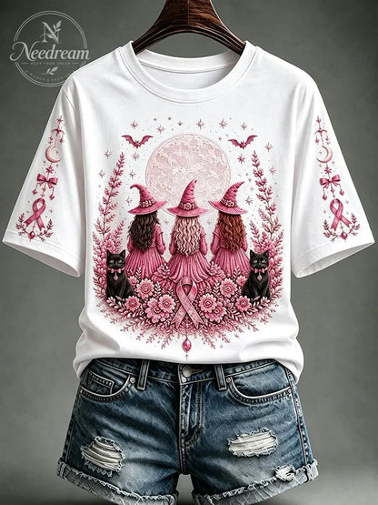 Women's Breast Cancer Awareness Black Cat Pink Ribbon Short-Sleeve T-Shirt