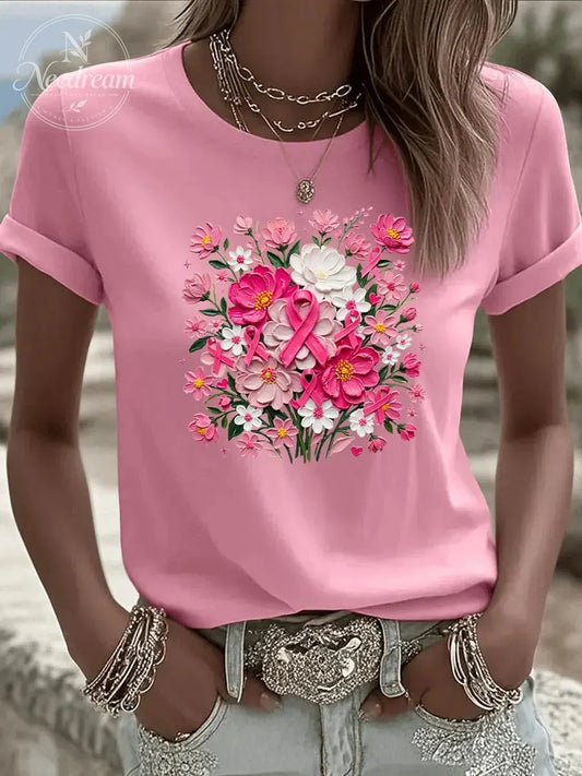 Women's  We Wear Pink Flower Pattern Round-Neck 100% Cotton T-Shirt