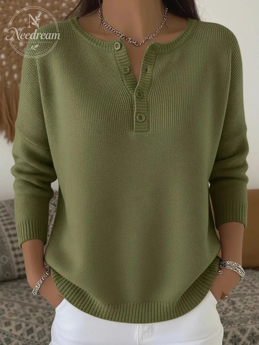 Women Plain Casual Long Sleeve Henley Collar Cotton Sweater