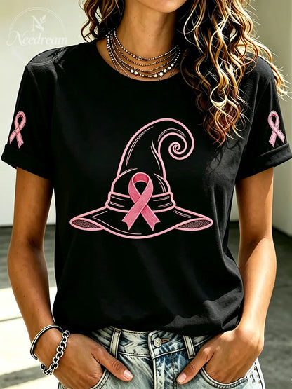 Women'S Pink Ribbon Cat Print Breast Cancer Awareness Short-Sleeved T-Shirt