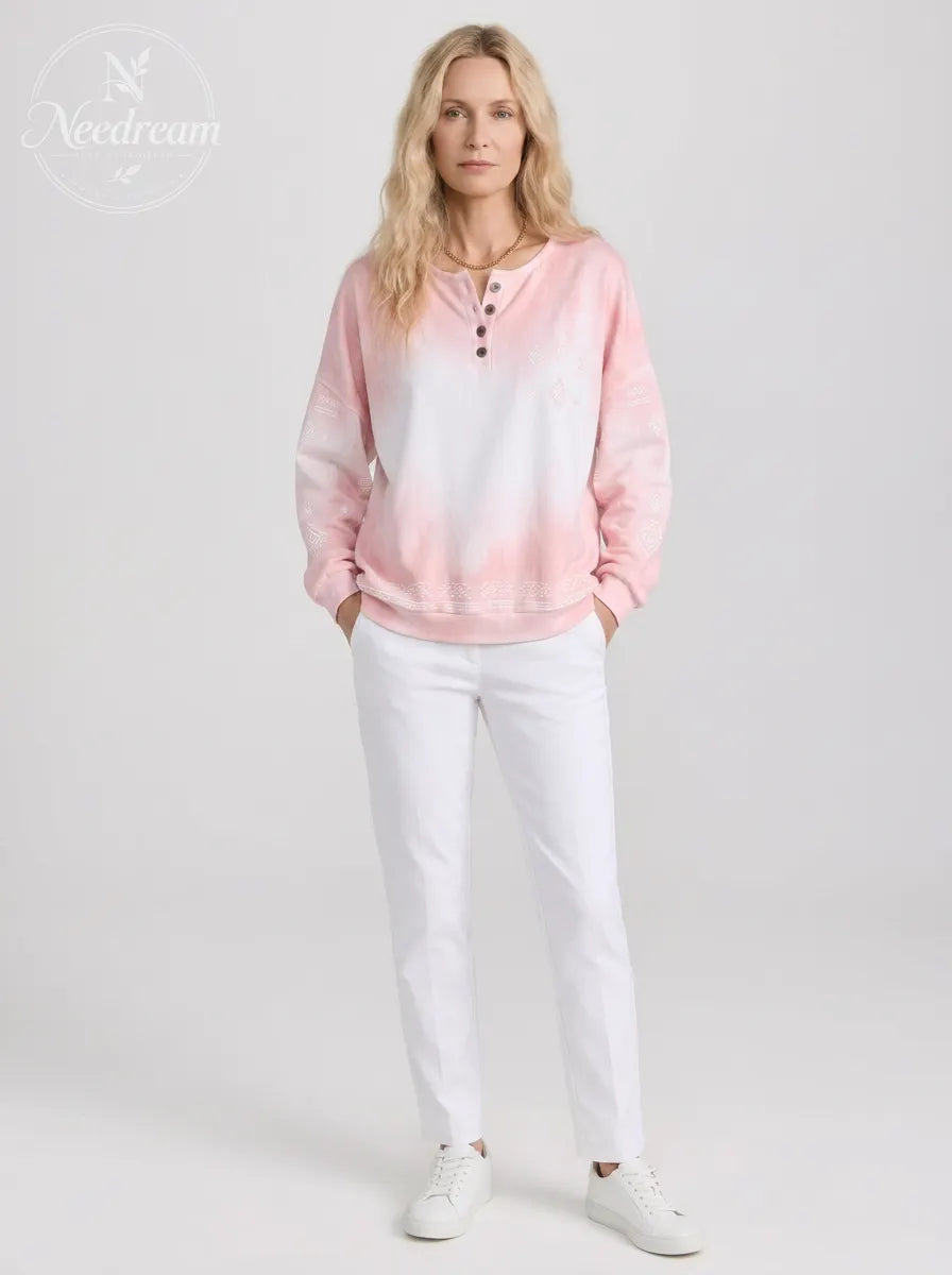 Women's Breast Cancer Awareness Pink Tie-Dye Geometric Printed Henley Sweatshirt