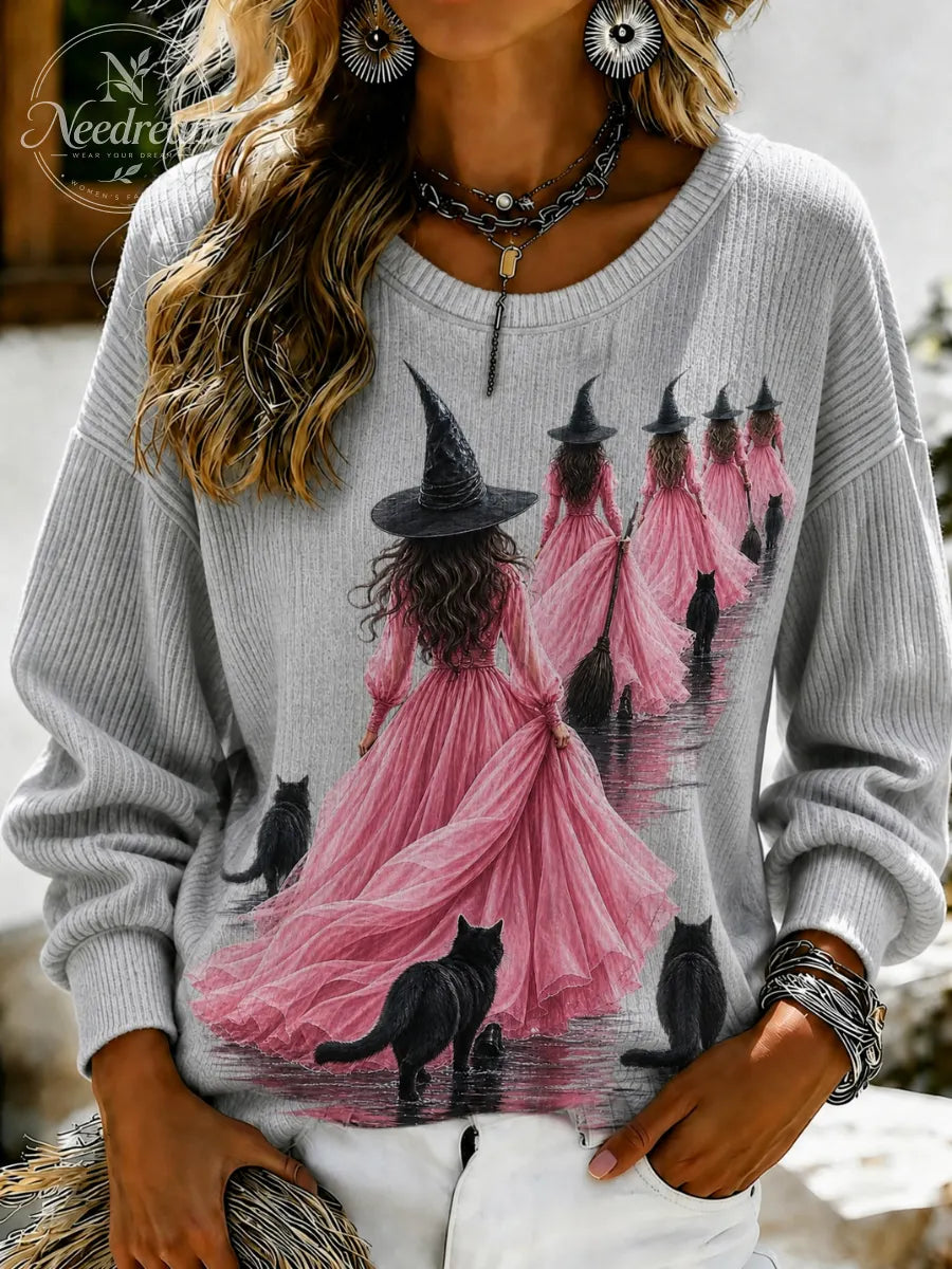Women's Pink Witch-Themed Casual Sweatshirt