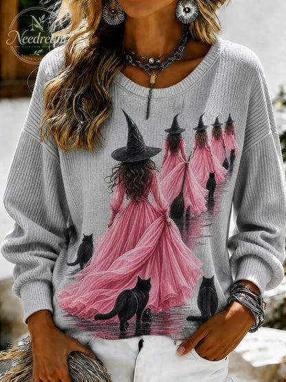 Women's Pink Witch-Themed Casual Sweatshirt