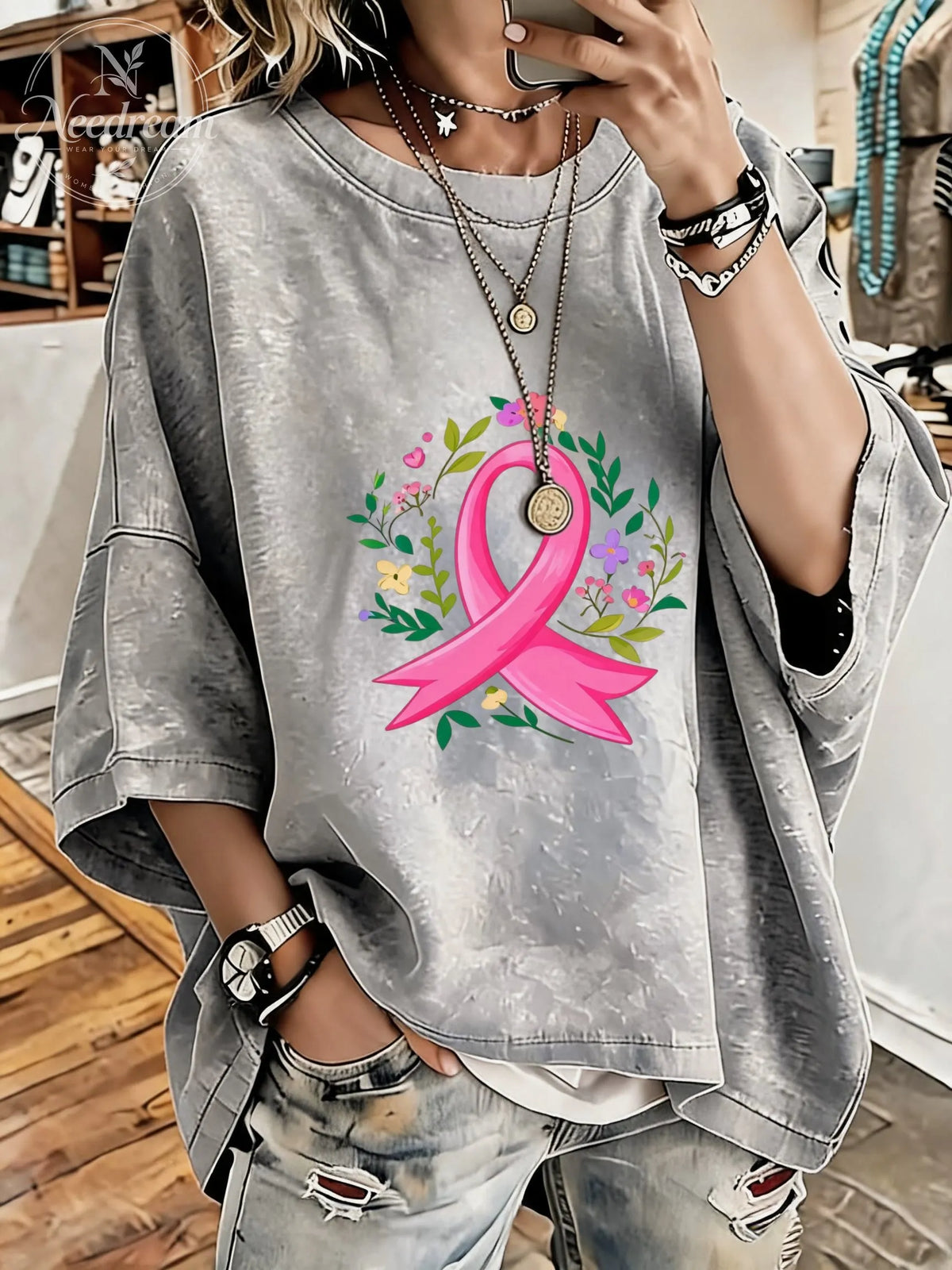 Women's Breast Cancer Awareness Ribbon Distressed Washed Oversized T-Shirt