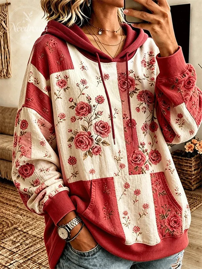 Women's Vintage Rose Floral Patchwork Drawstring Pocket Hoodie