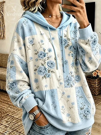 Women's Vintage Rose Floral Patchwork Drawstring Pocket Hoodie