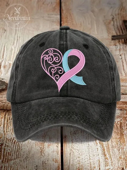 Unisex Distressed Washed Cotton Breast Cancer Ribbon Heart Printed Hat