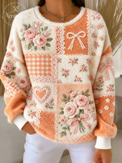 Women's Retro Floral Patchwork Fuzzy Sweater