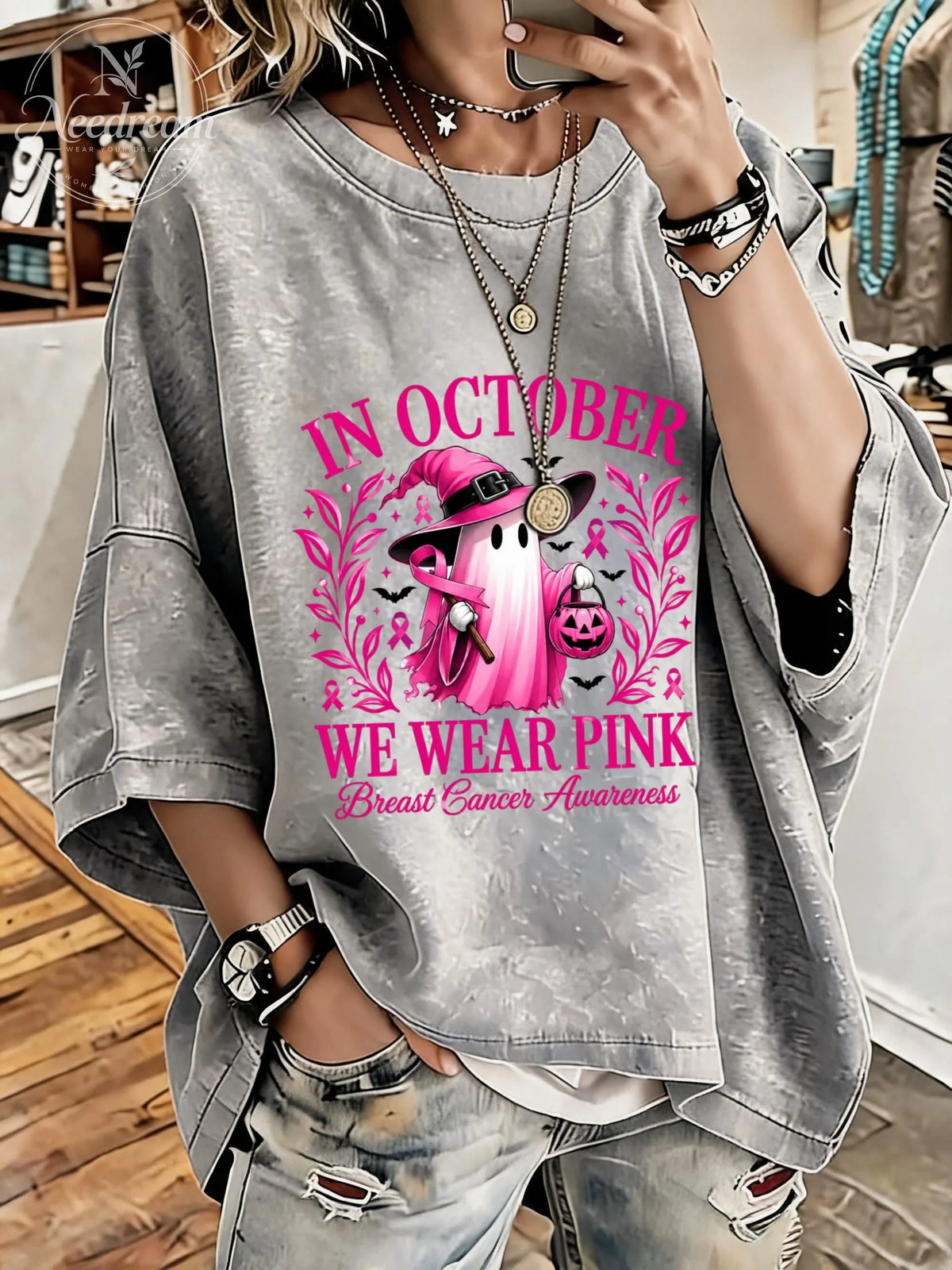 Women's Breast Cancer Awareness Distressed Washed Oversized T-Shirt