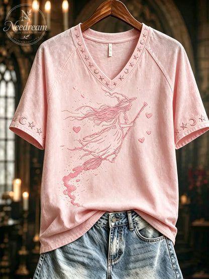 Women's Pink Witch-Themed Print Casual T-Shirt