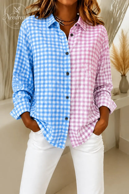 Women'S Casual Retro Pink And Green Color-Block Plaid Shirt