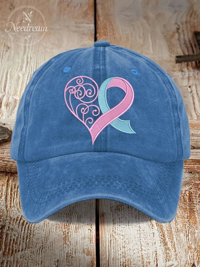 Unisex Distressed Washed Cotton Breast Cancer Ribbon Heart Printed Hat
