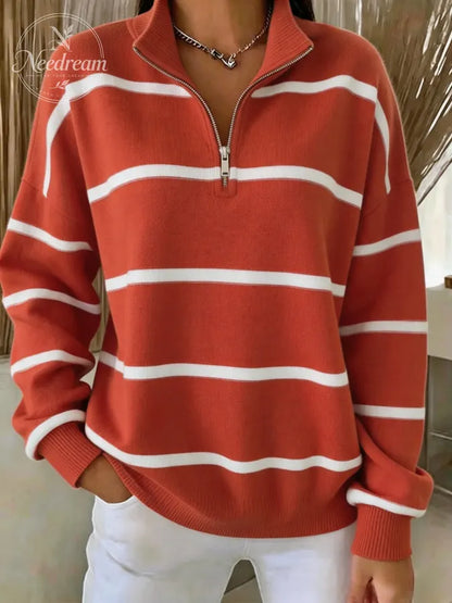 Women Striped Half Open Collar Casual Spring/Fall Long Sleeve Sweatshirt