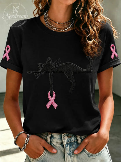 Women'S Pink Ribbon Cat Print Breast Cancer Awareness Short-Sleeved T-Shirt