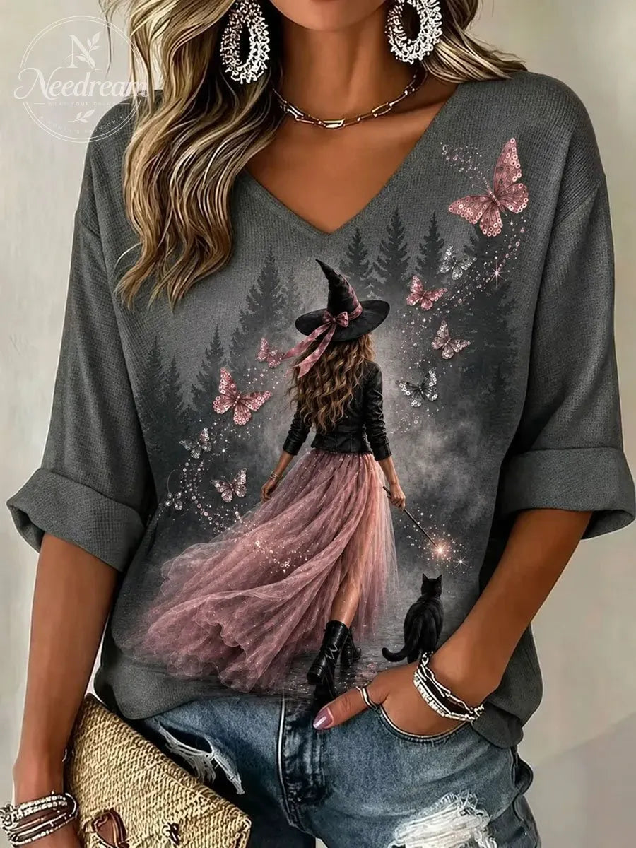 Girls' Halloween Witch Breast Cancer Printed T-Shirt