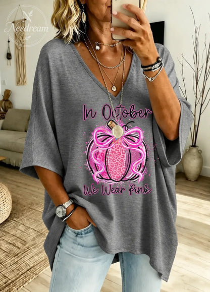 Women's  "In October We Wear Pink" Loose-Fit Pure Cotton V-Neck T-Shirt