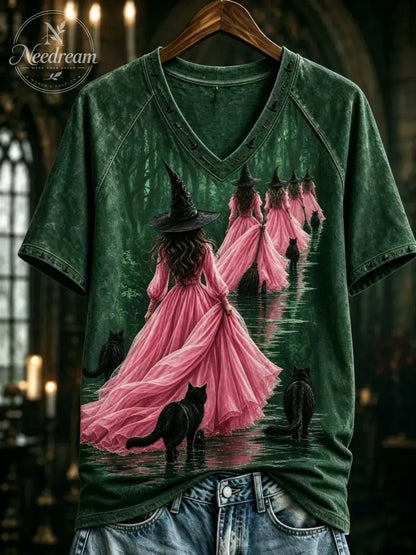 Women's Pink Witch-Themed Print Casual T-Shirt