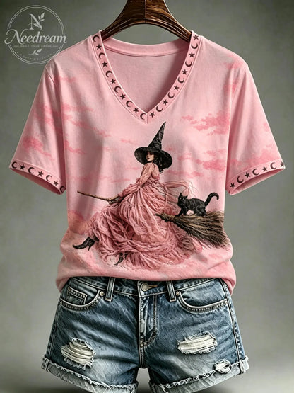 Women's Halloween Breast Cancer Pink Printed V-neck T-shirt