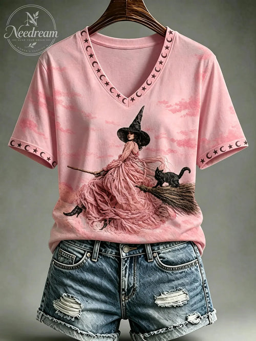 Women's Halloween Breast Cancer Pink Printed V-neck T-shirt