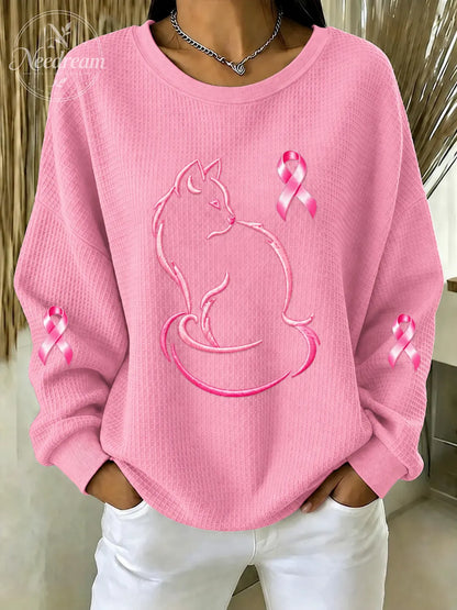 Women'S Breast Cancer Cat Print Sweatshirt