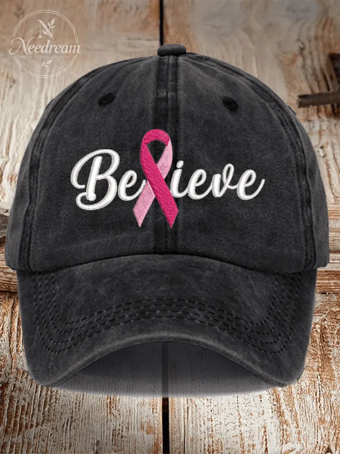 Breast Cancer Believe Ribbon Print Hat