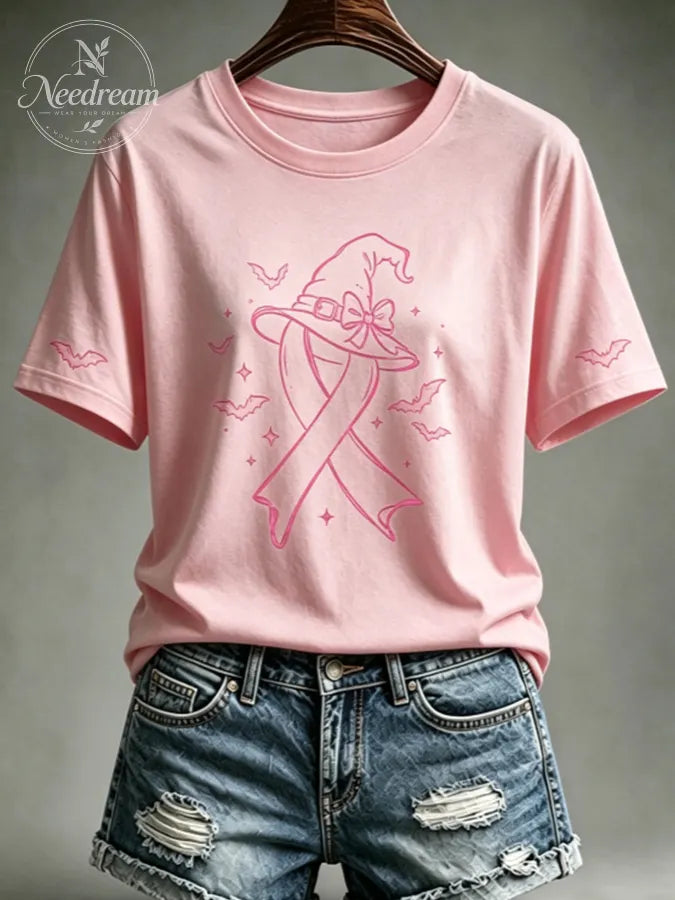 Women's Pink Witch Hat Printed Casual T-Shirt