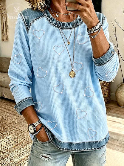 Women's Casual Heart-Shaped Rhinestone Sweatshirt