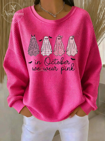 Women's Casual Pink Ghost Breast Cancer Waffle Multicolor Autumn and Winter Sweatshirt