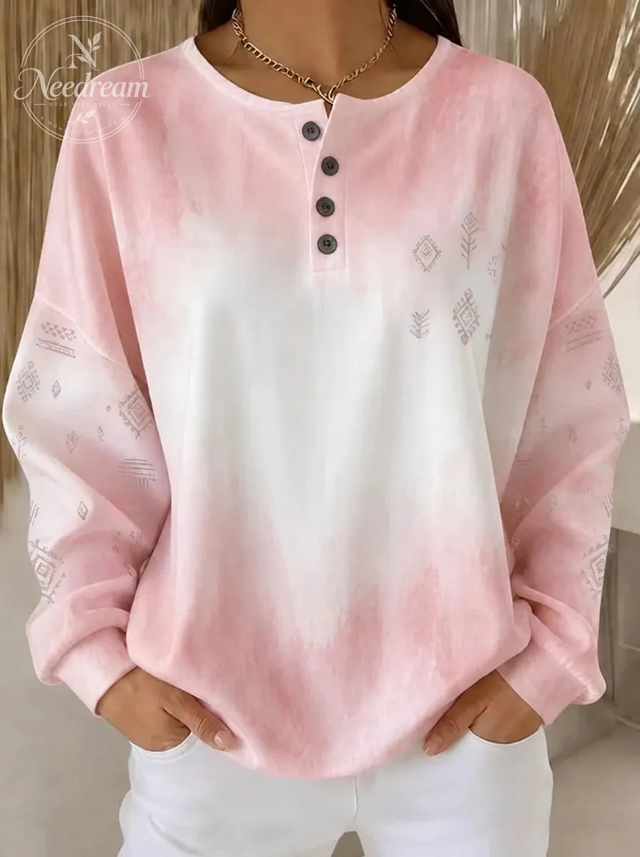 Women's Breast Cancer Awareness Pink Tie-Dye Geometric Printed Henley Sweatshirt