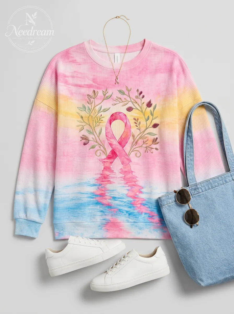 Women's Breast Cancer Awareness Floral Ribbon Printed Sweatshirt