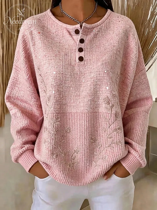 Women's Breast Cancer Awareness Pink Rose Embroidered Buttoned Sweatshirt
