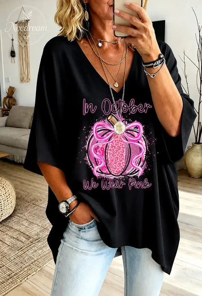Women's  "In October We Wear Pink" Loose-Fit Pure Cotton V-Neck T-Shirt