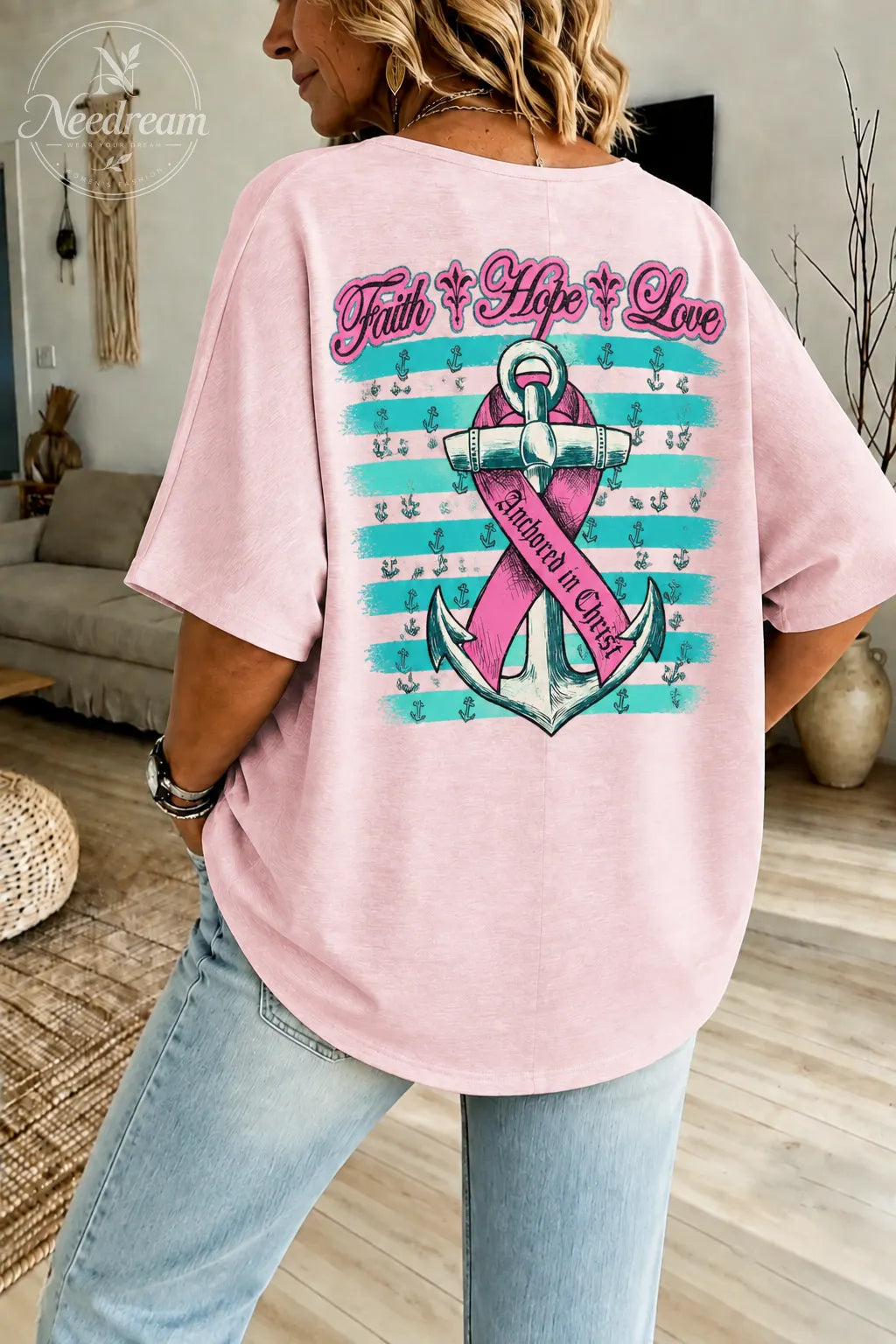 Women's Breast Cancer Awareness Hope Loose-Fit Pure Cotton V-Neck T-Shirt